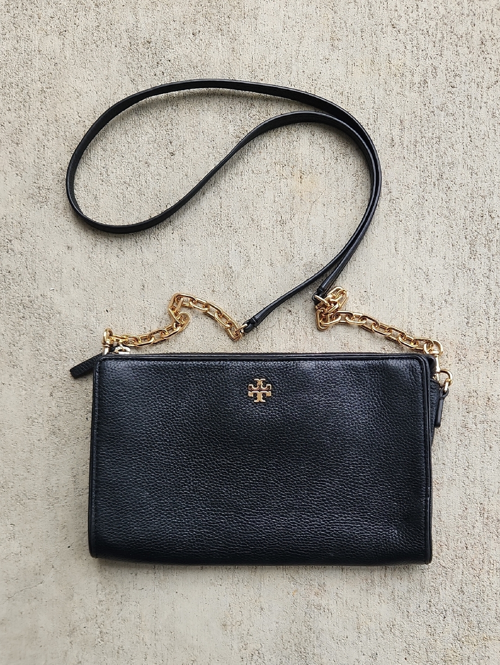 Tory Burch Black Pebbled Leather Crossbody with Gold Chain